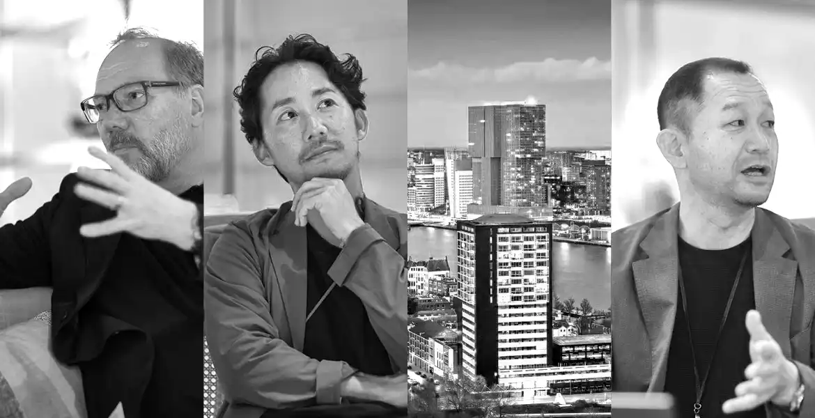 A black and white quadriptych showing designers and office building